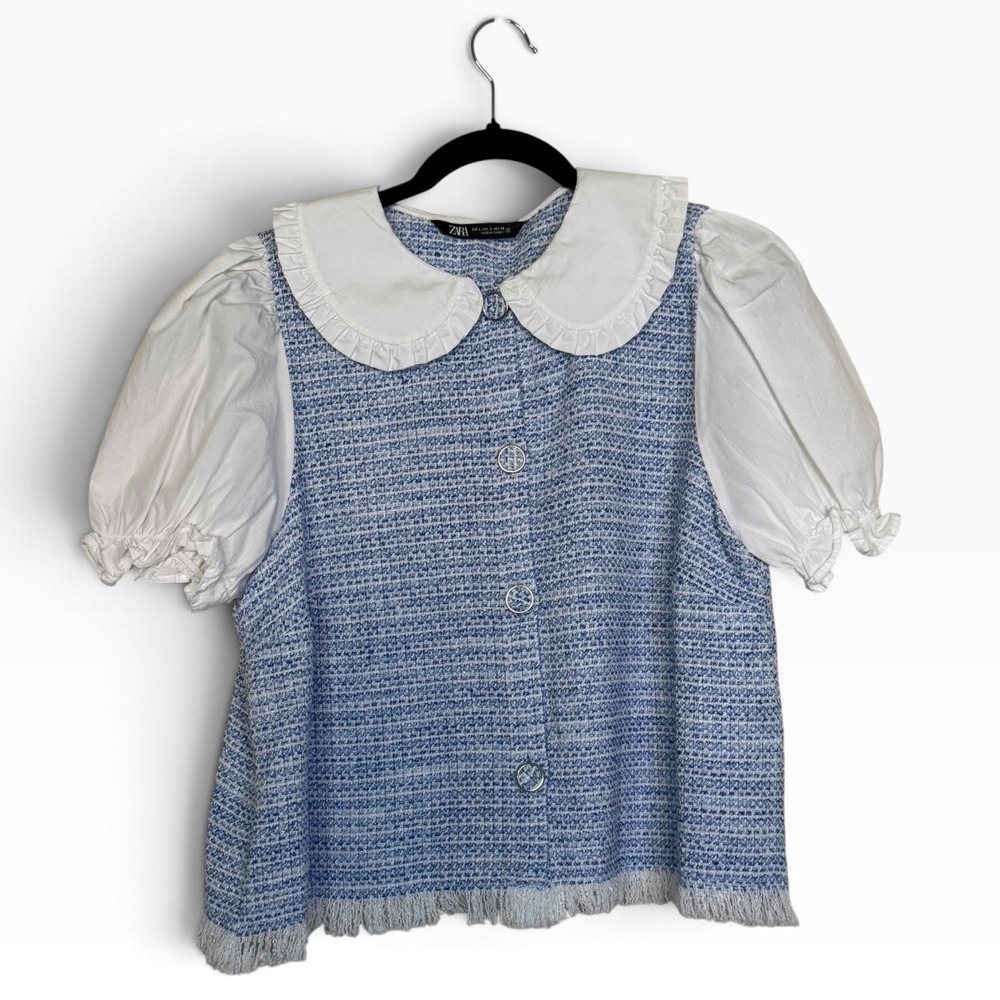 Zara Blue Tweed Top Peter Pan Collar Puff Sleeve Button Front Size L